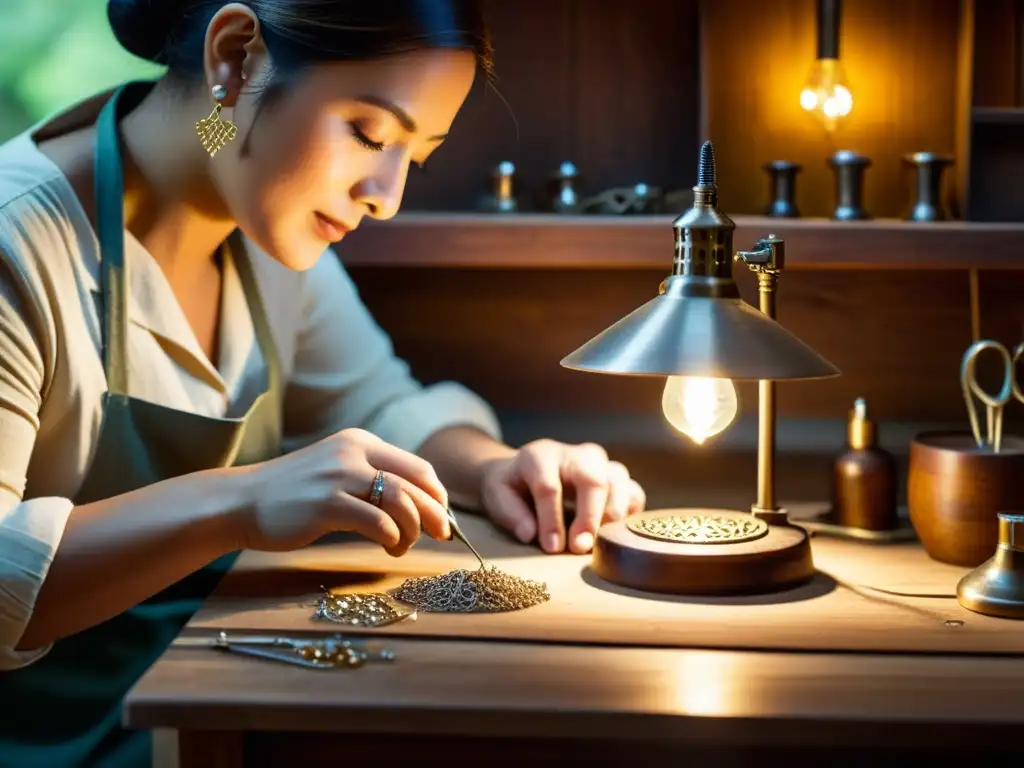 Un artesano de joyería crea un delicado colgante de filigrana de plata en su taller, bajo una cálida luz