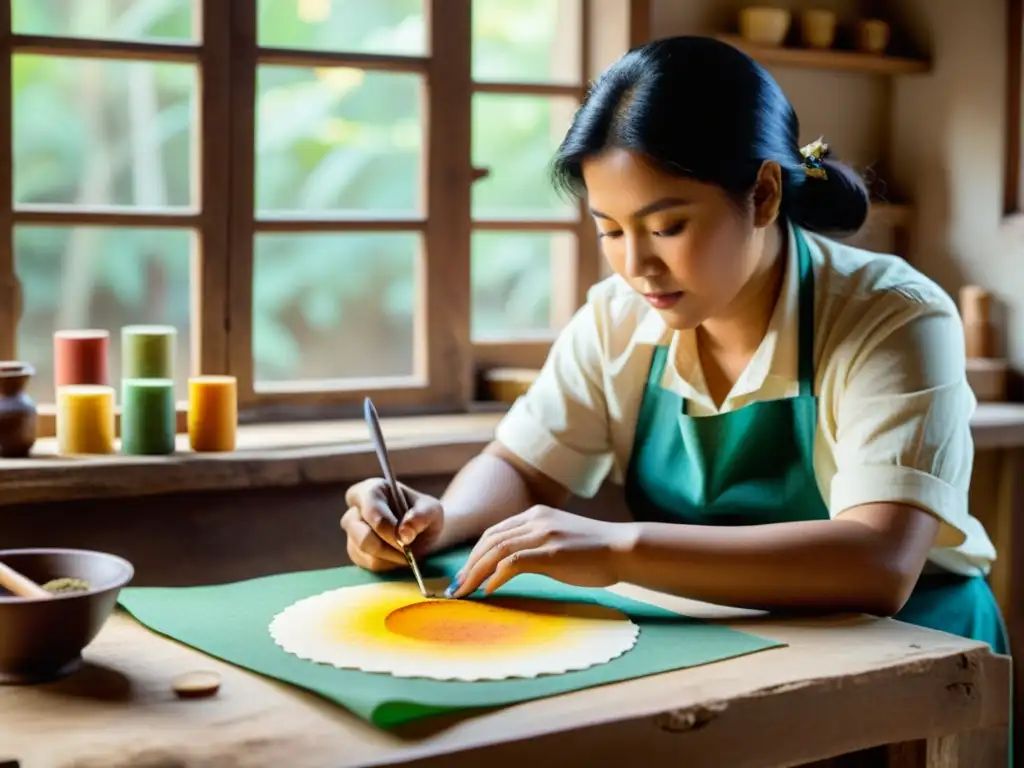 Un artesano crea delicados diseños en papel hecho a mano, utilizando pigmentos vivos