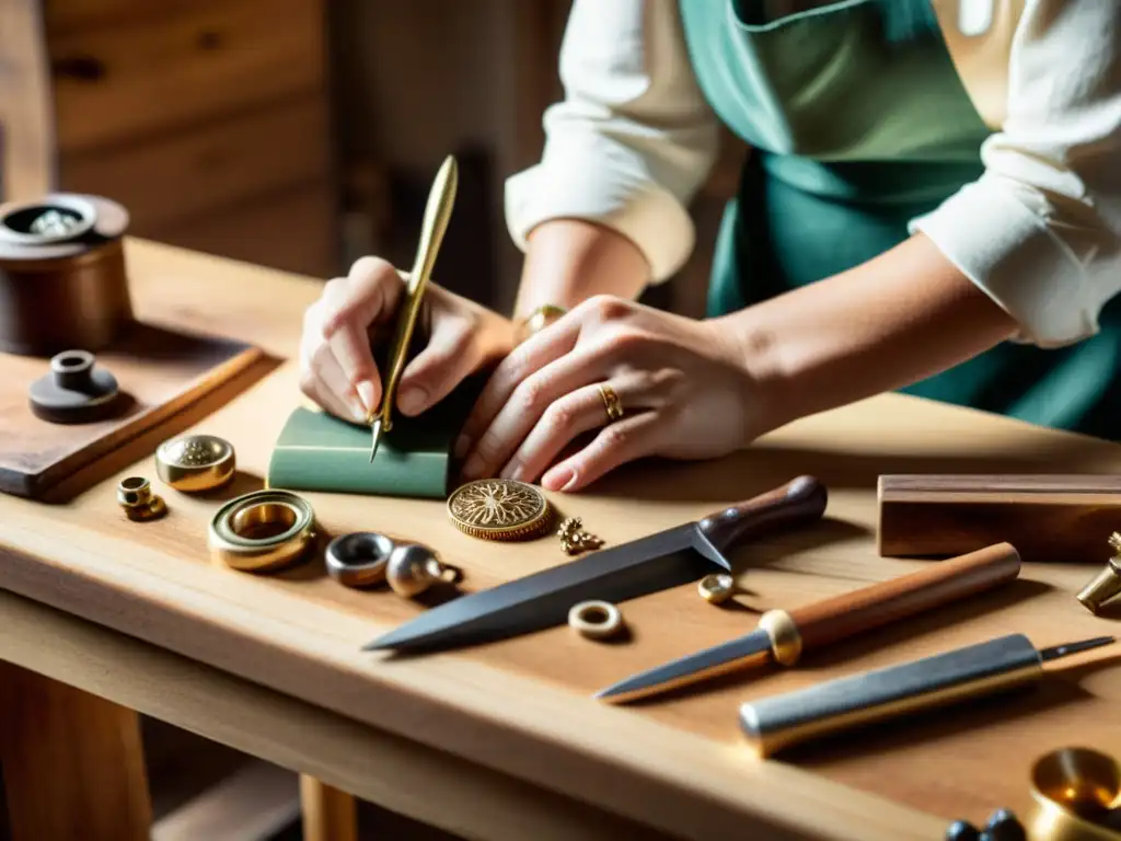 Un artesano elabora descripciones de producto artesanal, con herramientas vintage y materiales delicados en un banco de trabajo de madera