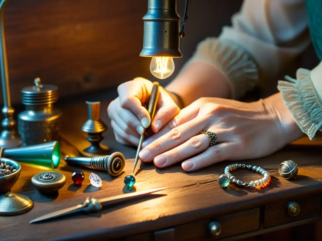 Un artesano elabora descripciones de producto artesanal en su taller, creando joyas con dedicación y destreza