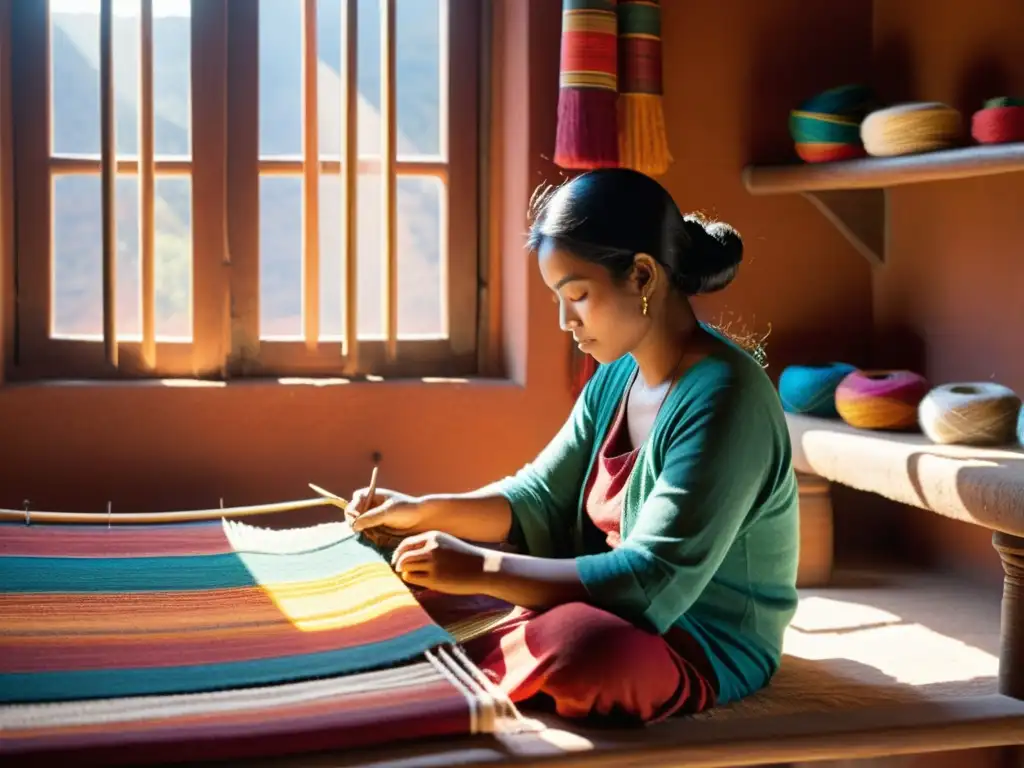 Un artesano tejiendo con destreza en un ambiente cálido y soleado, rodeado de hilos vibrantes y herramientas tradicionales