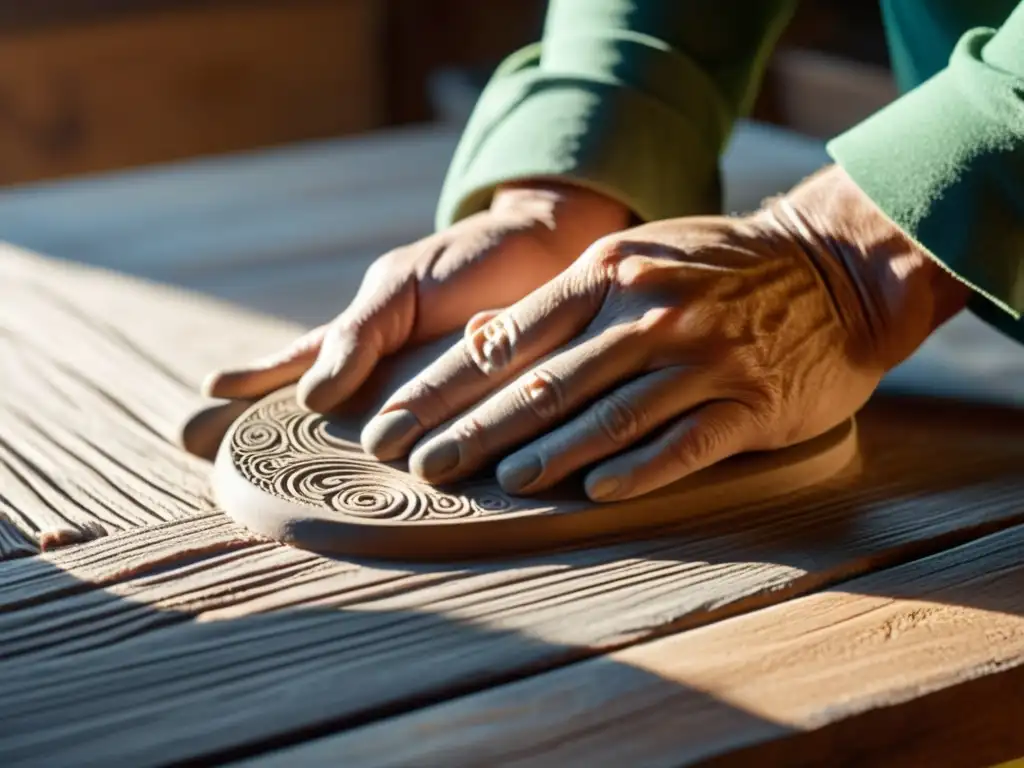 Un artesano moldea con destreza la arcilla en un banco de trabajo de madera, integrando la IA en artesanía