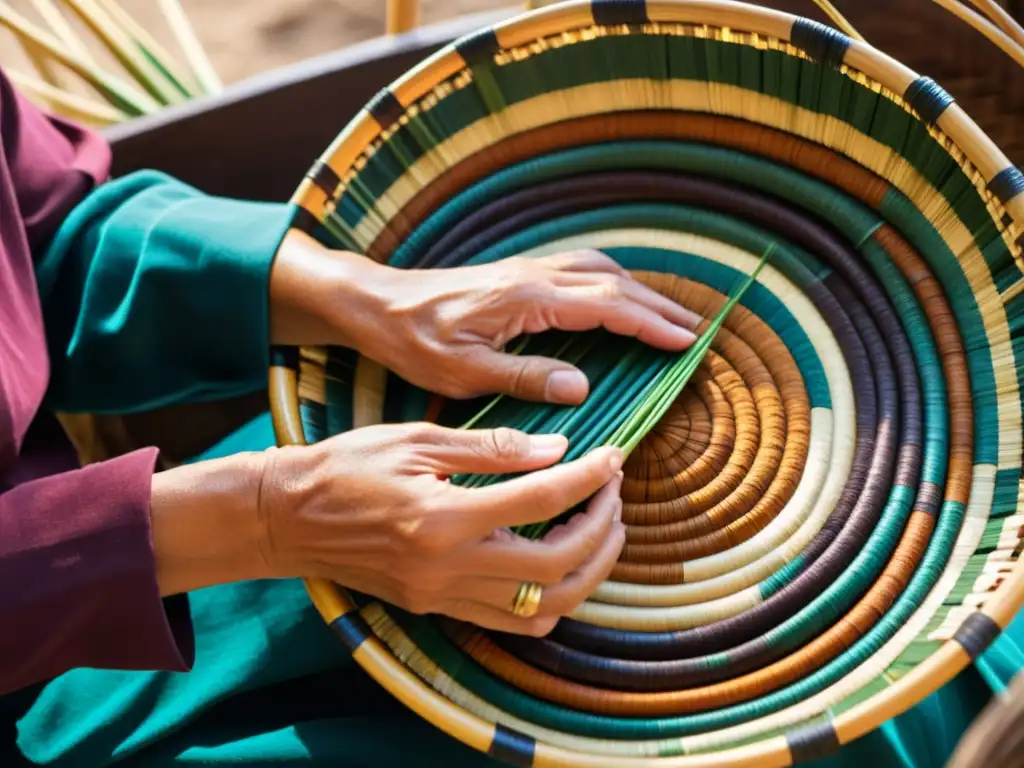 Cestería ancestral: manos expertas tejen una cesta tradicional Un artesano teje con destreza cañas teñidas para crear una cesta tradicional