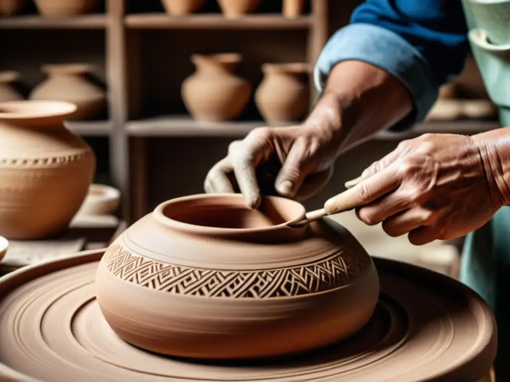 Un artesano moldea con destreza cerámica, rodeado de herramientas tradicionales, en una atmósfera cálida y nostálgica