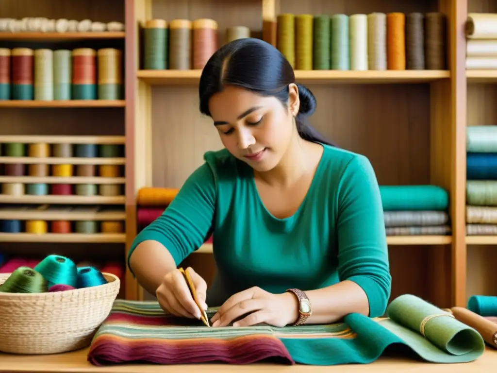 Un artesano teje con destreza una colorida pieza textil, rodeado de archivos virtuales que preservan la biodiversidad