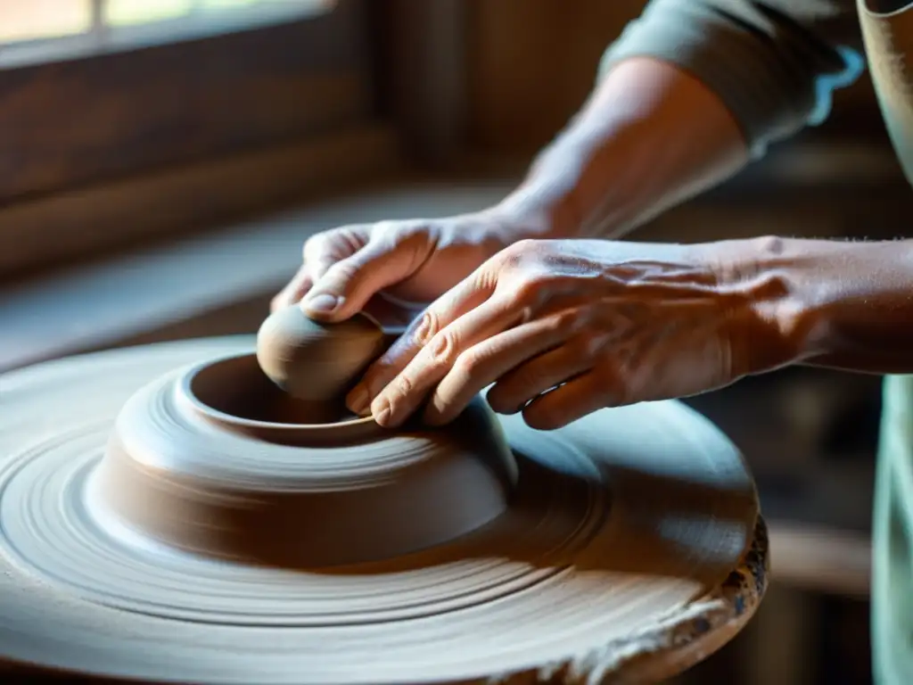 Artesano modelando cerámica a mano con destreza Un artesano moldea con destreza una delicada pieza de cerámica a mano, iluminado por luz natural