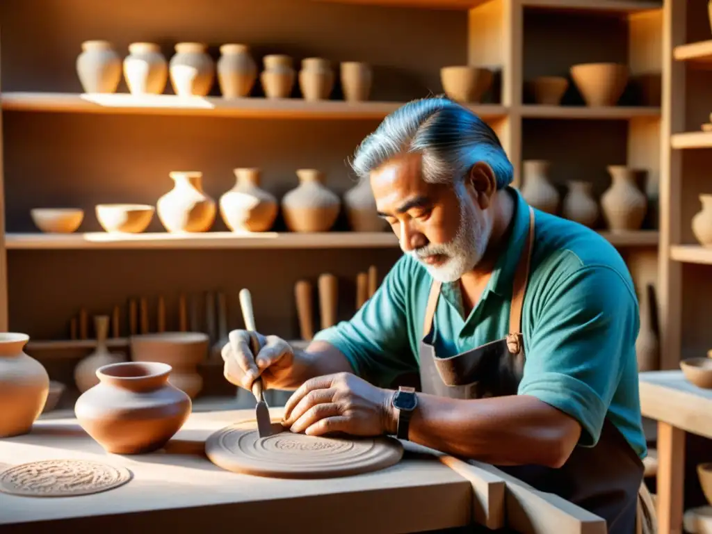 Un artesano tallando con destreza diseños en cerámica, preservando técnicas ancestrales con diseño digital