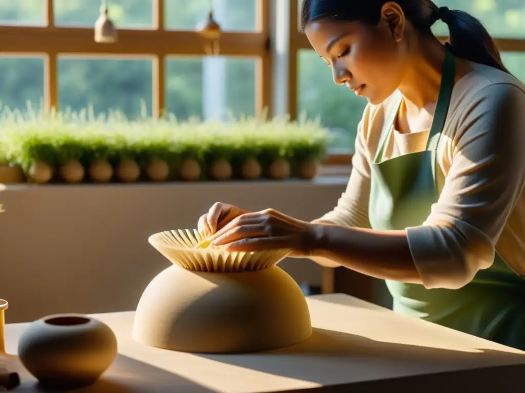 Un artesano moldea con destreza un escultura de bioplástico en un estudio soleado, reflejando el futuro de los bioplásticos en la producción artesanal