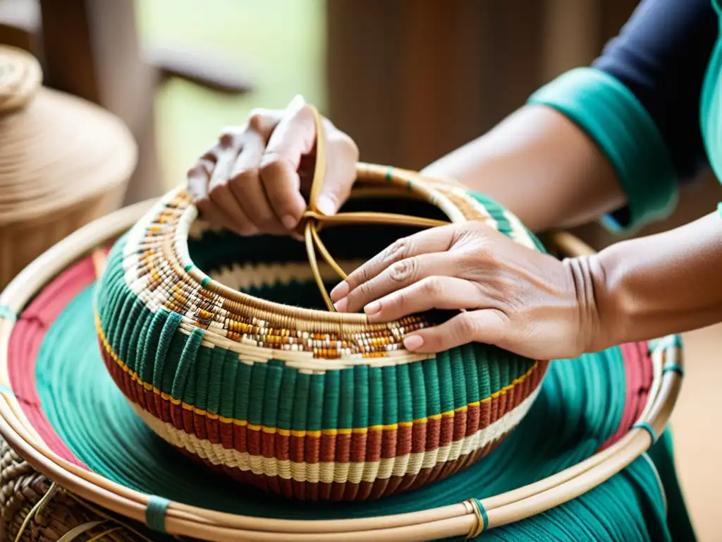Artesano tejiendo cesta vintage: tradición renovada Un artesano teje con destreza fibras naturales, creando una cesta vintage