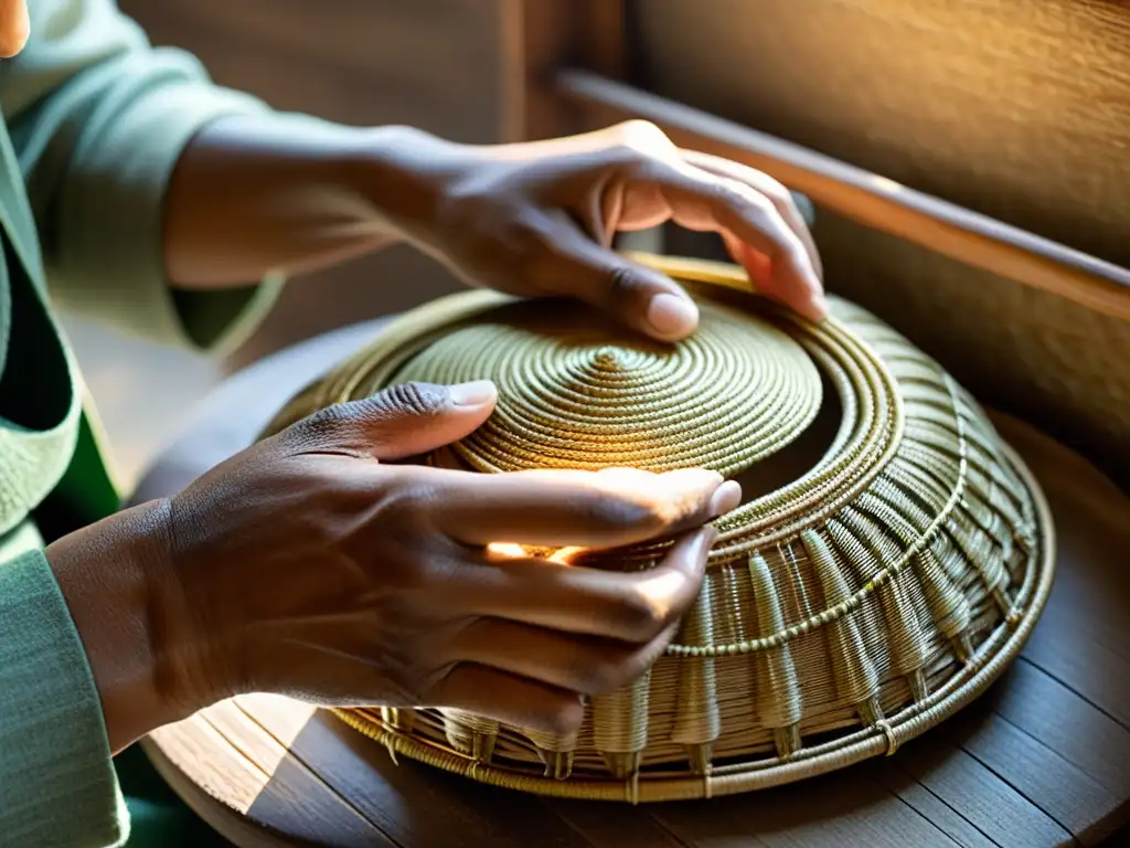 Un artesano teje con destreza fibras naturales en una cesta tradicional, evocando la artesanía tradicional en la era digital