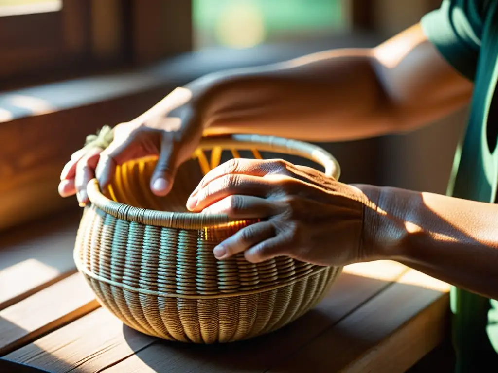 Artesano tejiendo cesta tradicional con fibras naturales Un artesano teje con destreza fibras naturales en un diseño de cestería, renovando diseños ancestrales con maestría
