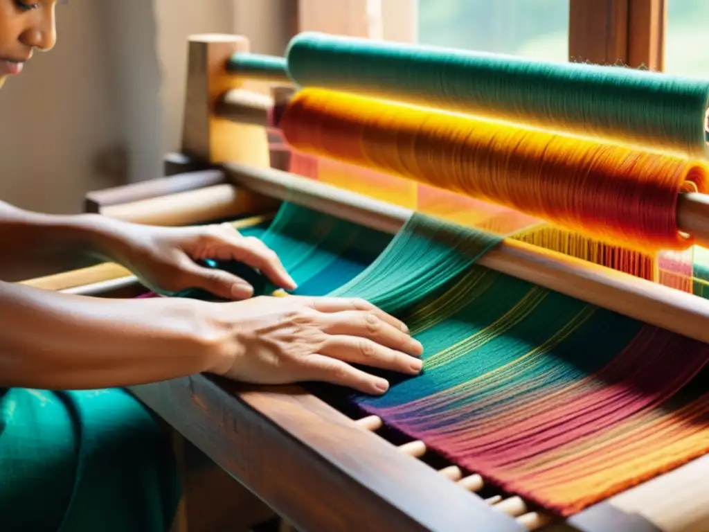 Un artesano teje con destreza fibras sostenibles en un telar, rodeado de hilos de colores y tintes naturales