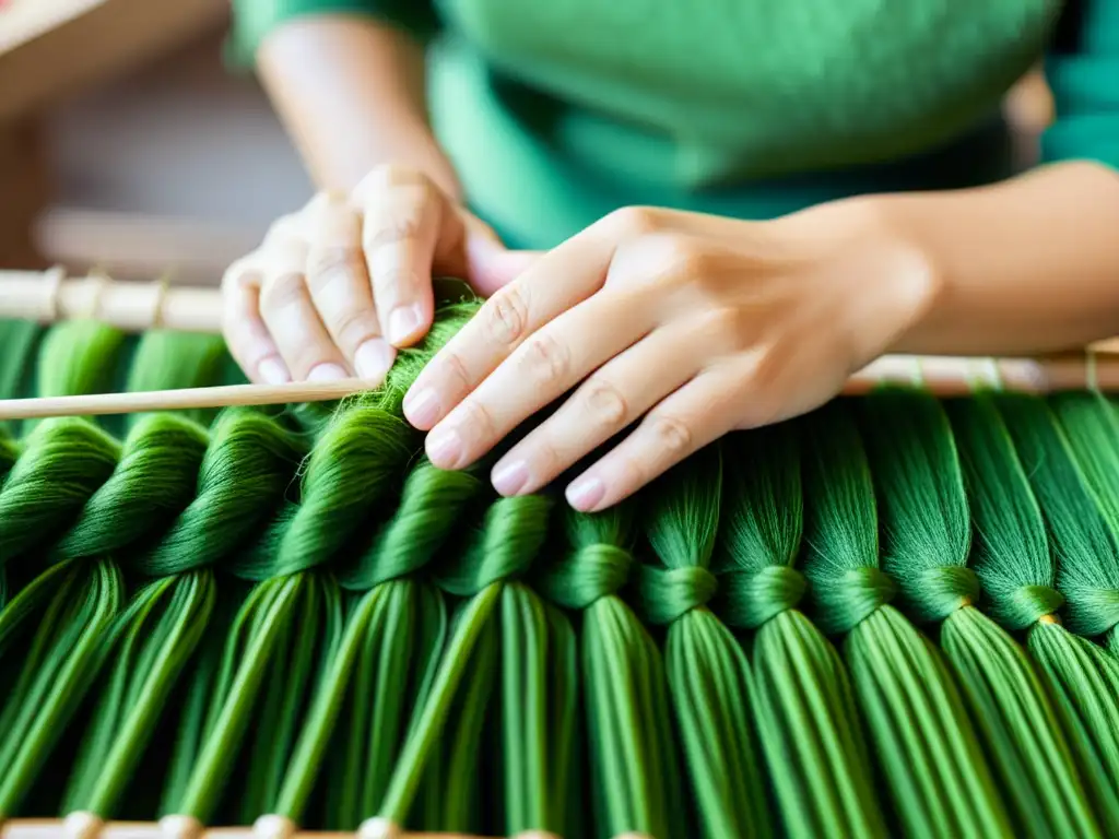 Artesano teje con destreza fibras verdes en una creación textil contemporánea con plantas, evocando tradición y creatividad