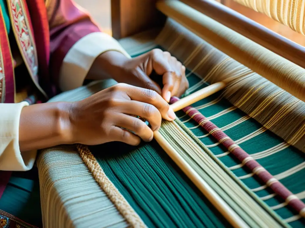 Un artesano teje con destreza fibras vibrantes en su taller, destacando la artesanía tradicional y las tecnologías verdes