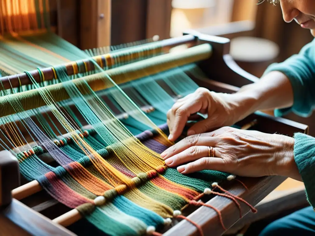 Un artesano teje con destreza hilos de colores en un telar antiguo, evocando la transformación digital en manualidades artesanales