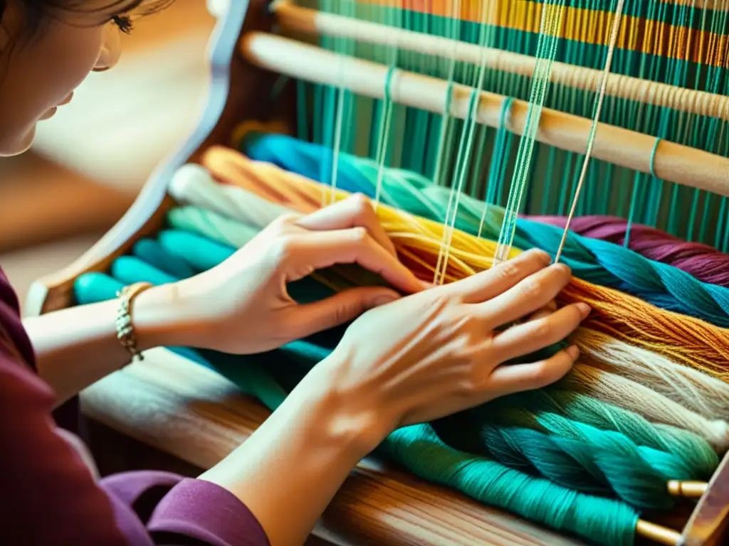 Un artesano teje con destreza hilos coloridos en una hermosa tapicería, destacando la artesanía en el mercado digital