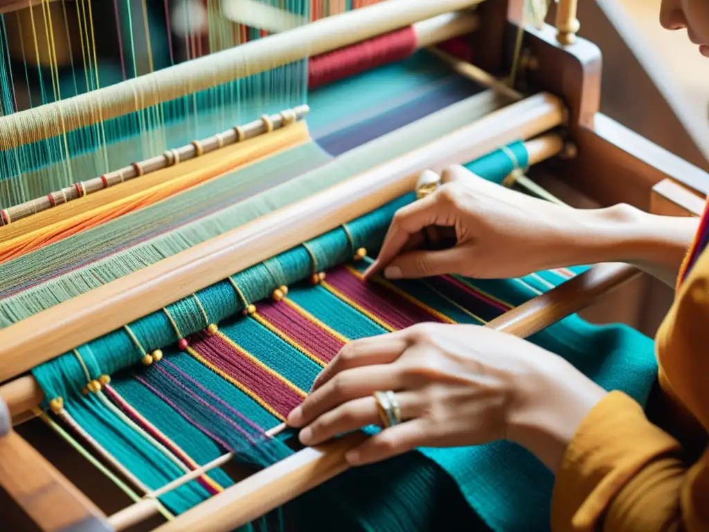 Un artesano teje con destreza hilos coloridos en telar de madera, destacando el autofinanciamiento artesanal en la era digital