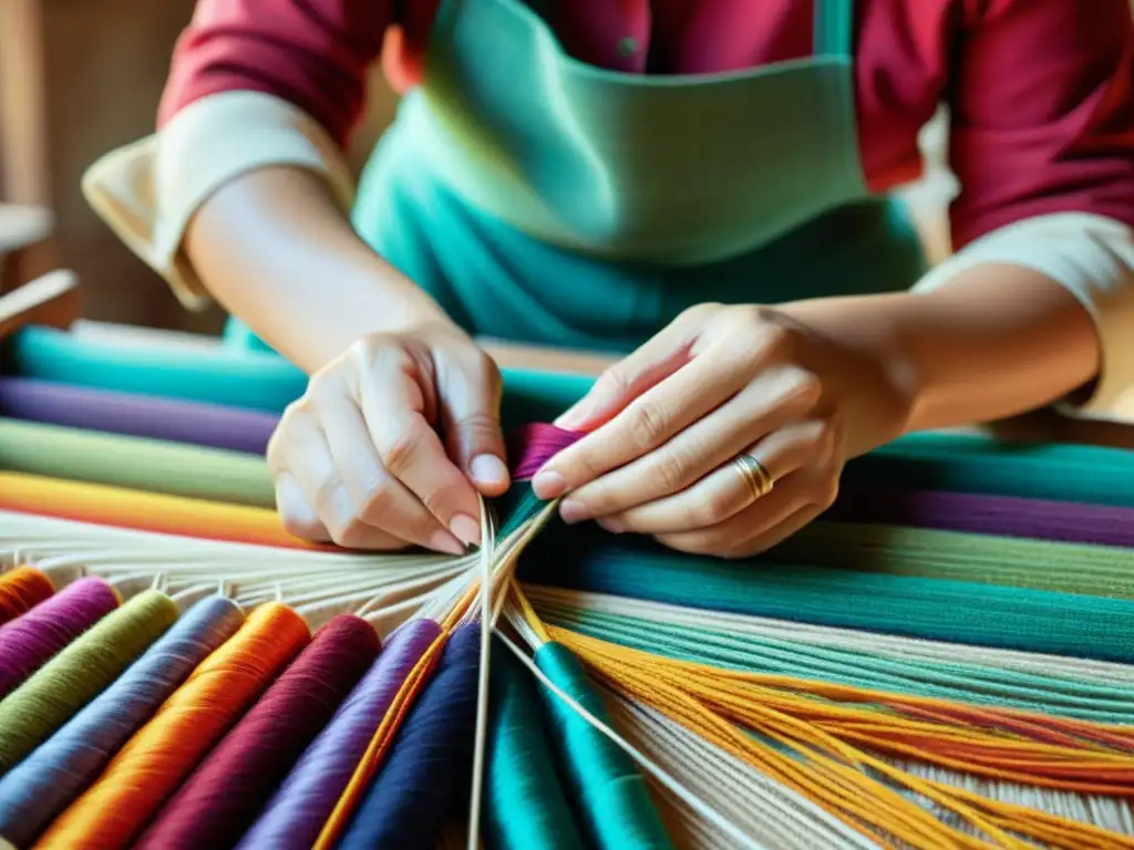 Un artesano teje con destreza hilos coloridos, creando un patrón textil tradicional