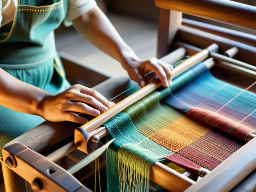 Un artesano teje con destreza hilos coloridos en un telar de madera, preservando técnicas artesanales en digital