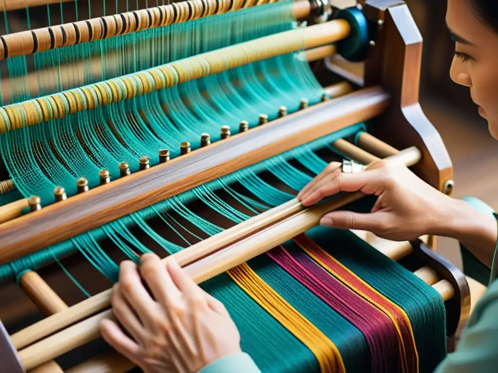 Un artesano guía con destreza hilos coloridos a través de un telar de madera antiguo, fusionando la artesanía tradicional con la maquinaria CNC