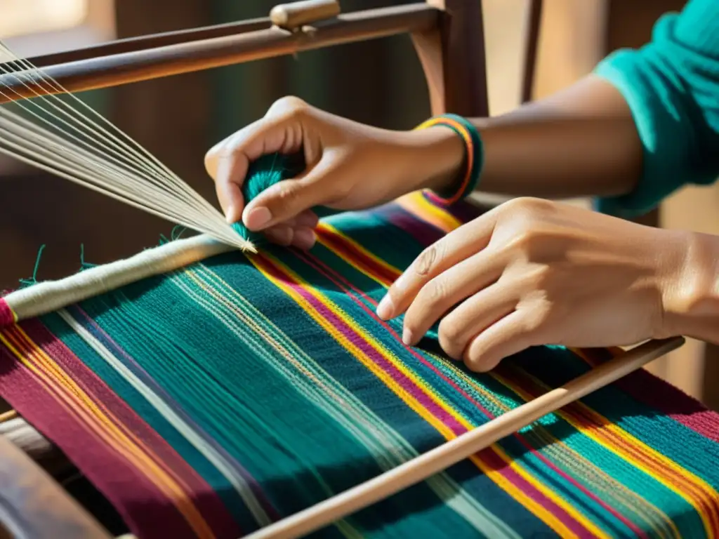 Un artesano teje con destreza hilos coloridos en un telar, creando una pieza de artesanía tradicional llena de historia y cultura