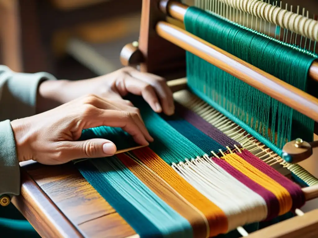 Un artesano teje con destreza hilos coloridos en un telar de madera vintage, destacando la artesanía textil en moda ética