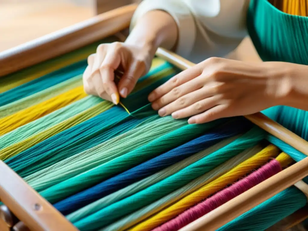 Un artesano teje con destreza hilos de plástico reciclado en un telar de madera, evocando la artesanía tradicional y la sostenibilidad