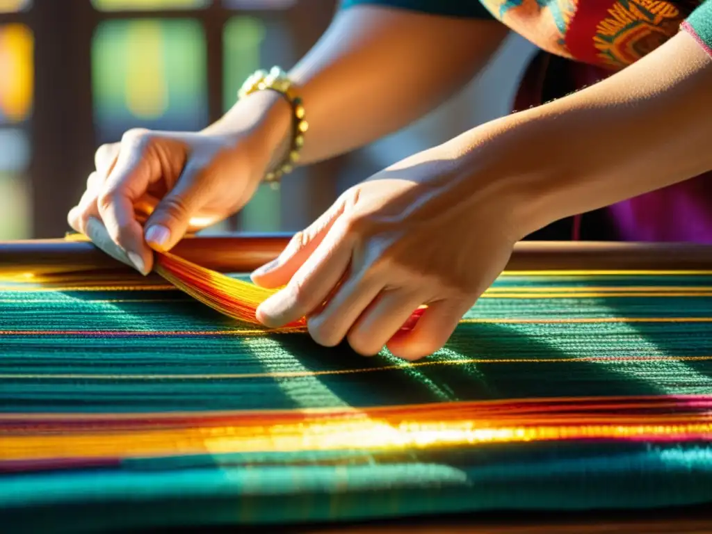 Un artesano teje con destreza hilos vibrantes en un telar antiguo, iluminado por la cálida luz solar a través de una vidriera vintage