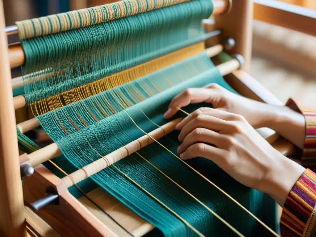 Un artesano teje con destreza hilos vibrantes en un telar de madera, destacando la fusión de la artesanía tradicional y la innovación digital