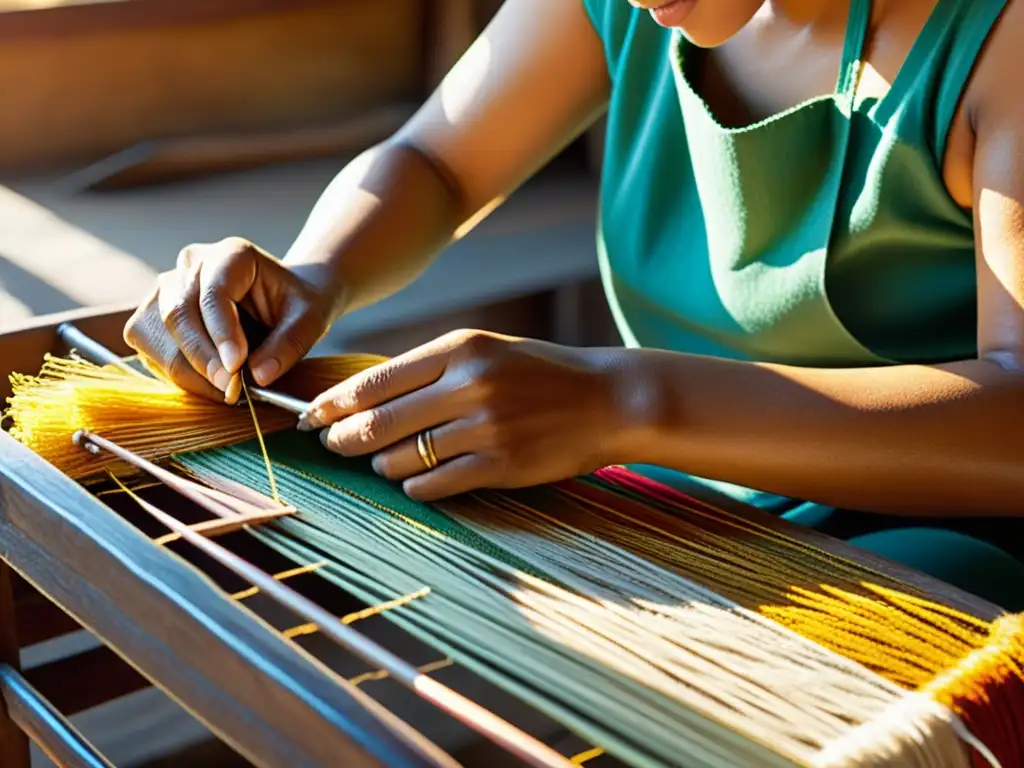 Un artesano teje con destreza hilos vibrantes en un taller rústico, evocando la artesanía tradicional en la era digital