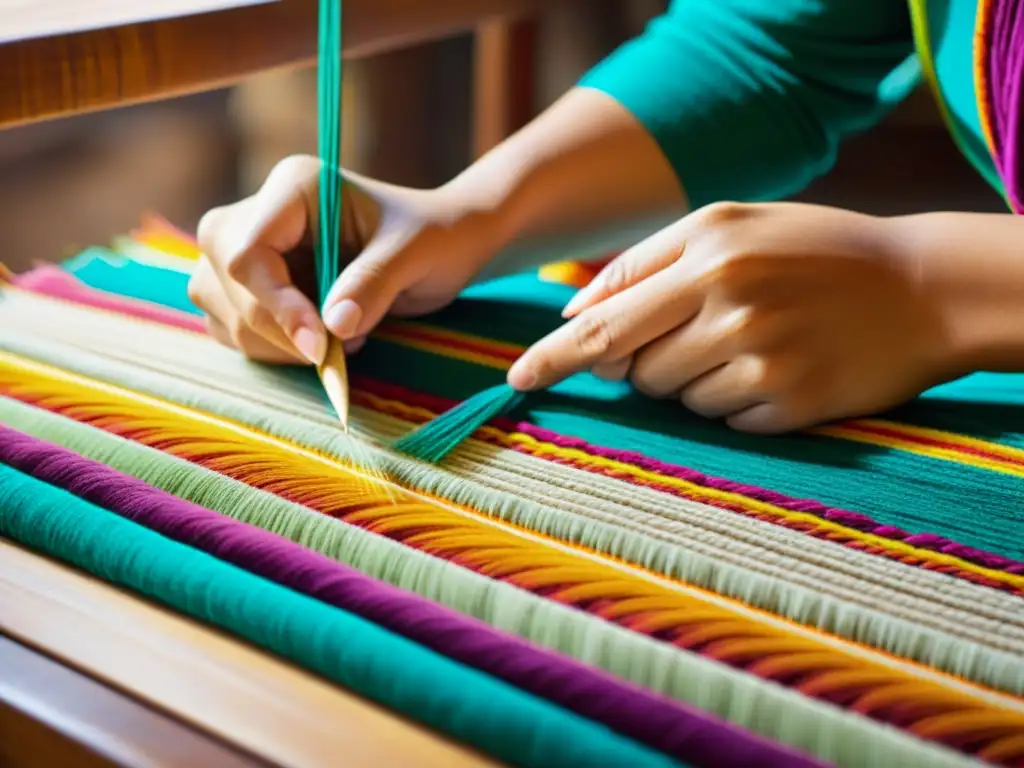 Artesano tejiendo con destreza hilos vibrantes en un patrón tradicional, evocando la herencia cultural y artesanía en el mercado digital de artesanías