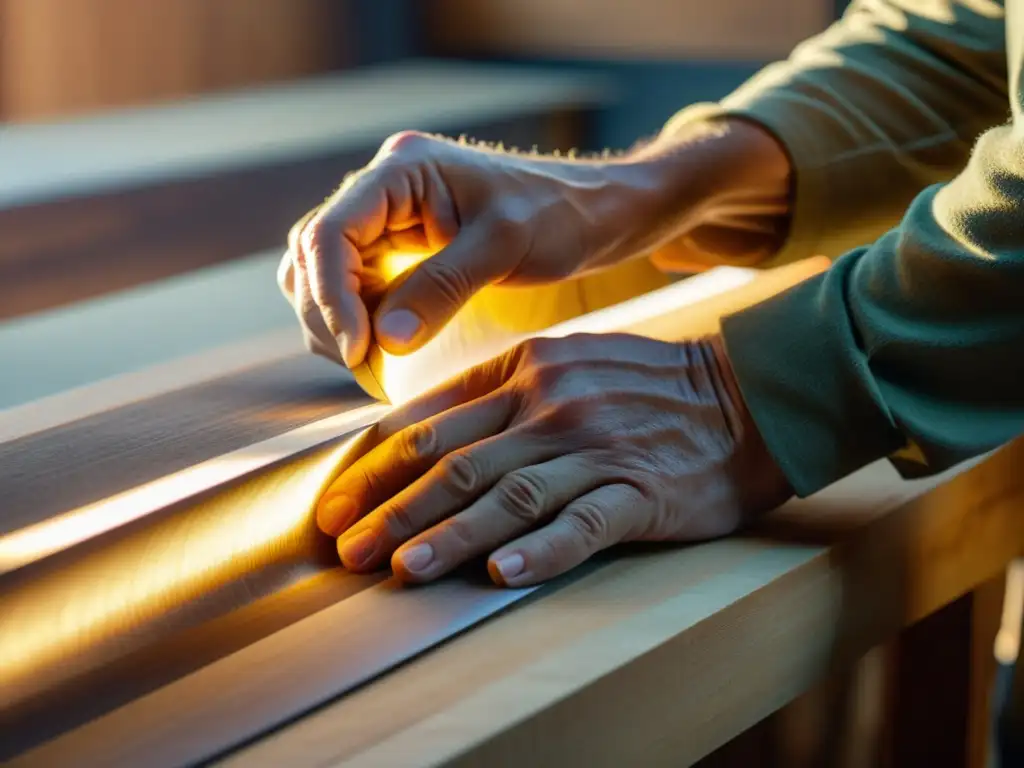 Un artesano moldea con destreza una lámina de madera transparente y flexible, iluminada por cálida luz en un taller nostálgico