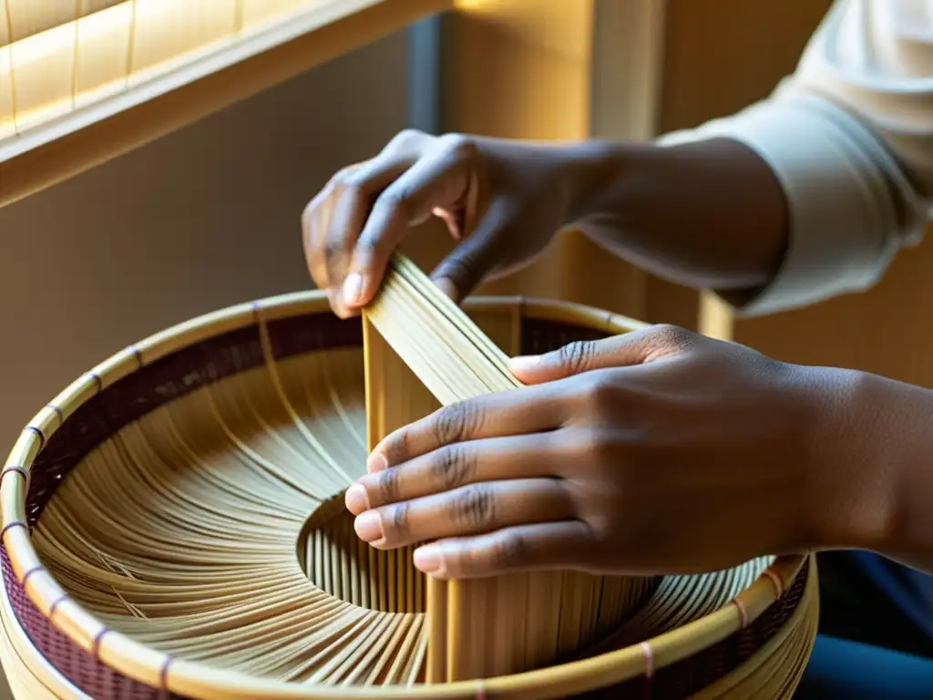 Un artesano hábil teje con destreza cestería moderna con materiales sostenibles, bañado por la cálida luz del taller