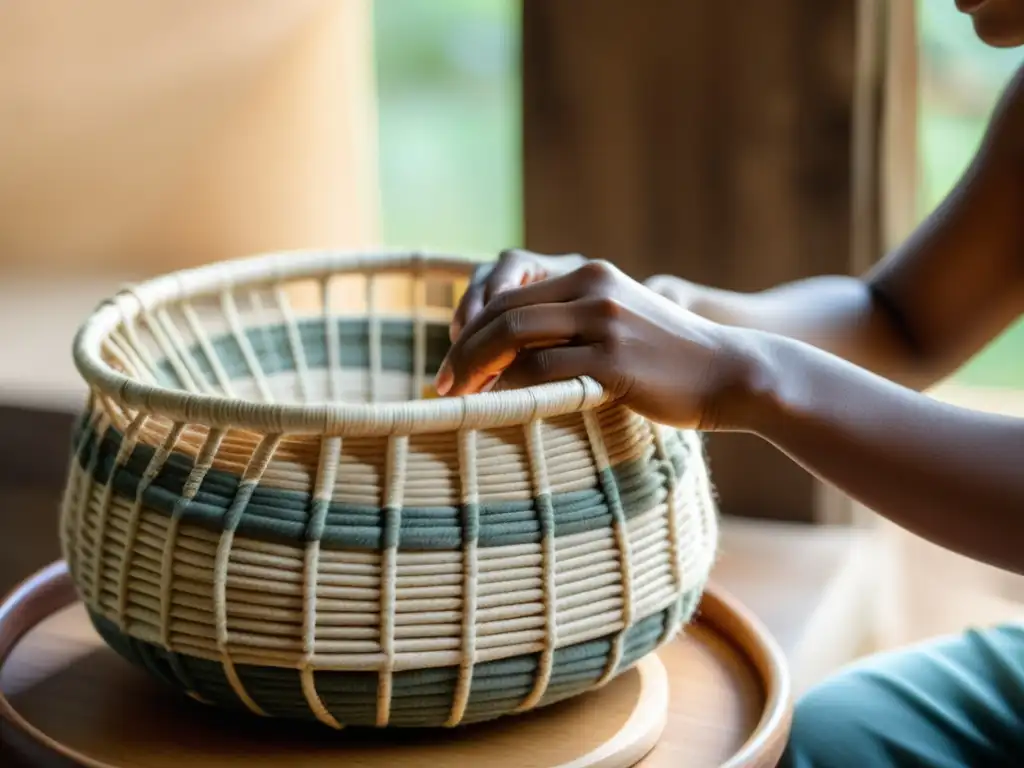 Un artesano teje con destreza cestería moderna con materiales sostenibles, evocando tradición y arte atemporal