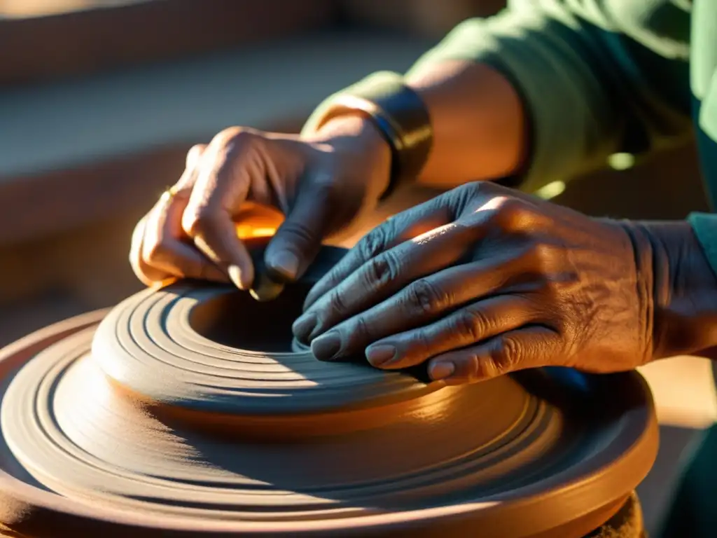 Un artesano moldea con destreza una pieza de alfarería tradicional, bañado por la cálida luz del sol que realza la artesanía y la solidaridad social