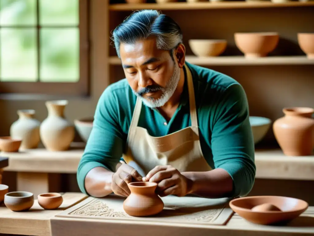 Un artesano crea con destreza una pieza de cerámica tradicional en su taller, resaltando la artesanía tradicional en la sociedad digital