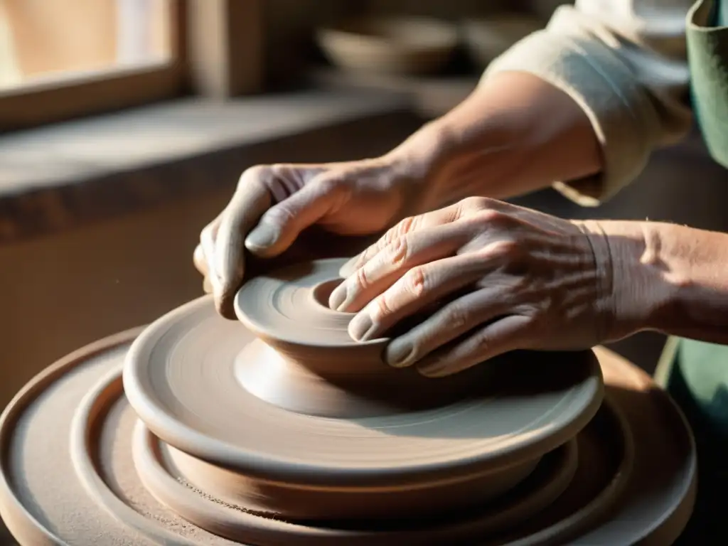 Un artesano moldea con destreza una pieza de cerámica en su torno, evocando la esencia de la tradición y la creatividad artesanal