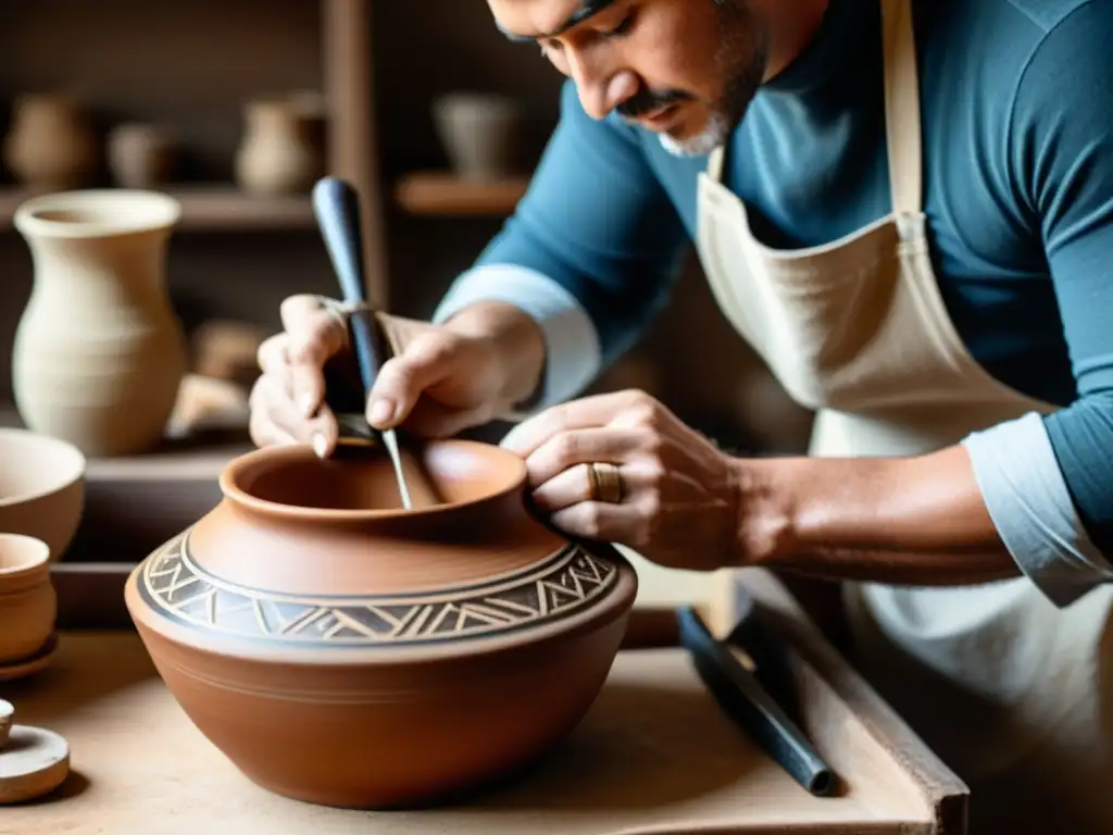 Un artesano restaura con destreza una pieza de cerámica vintage usando herramientas digitales para conservación artesanal, en un taller tradicional