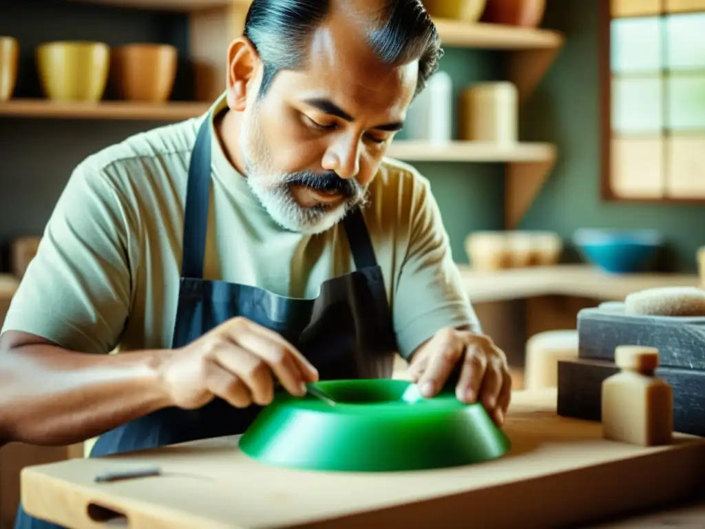 Artesano moldea con destreza plásticos reciclados, combinando tradición y sostenibilidad en producción artesanal digital