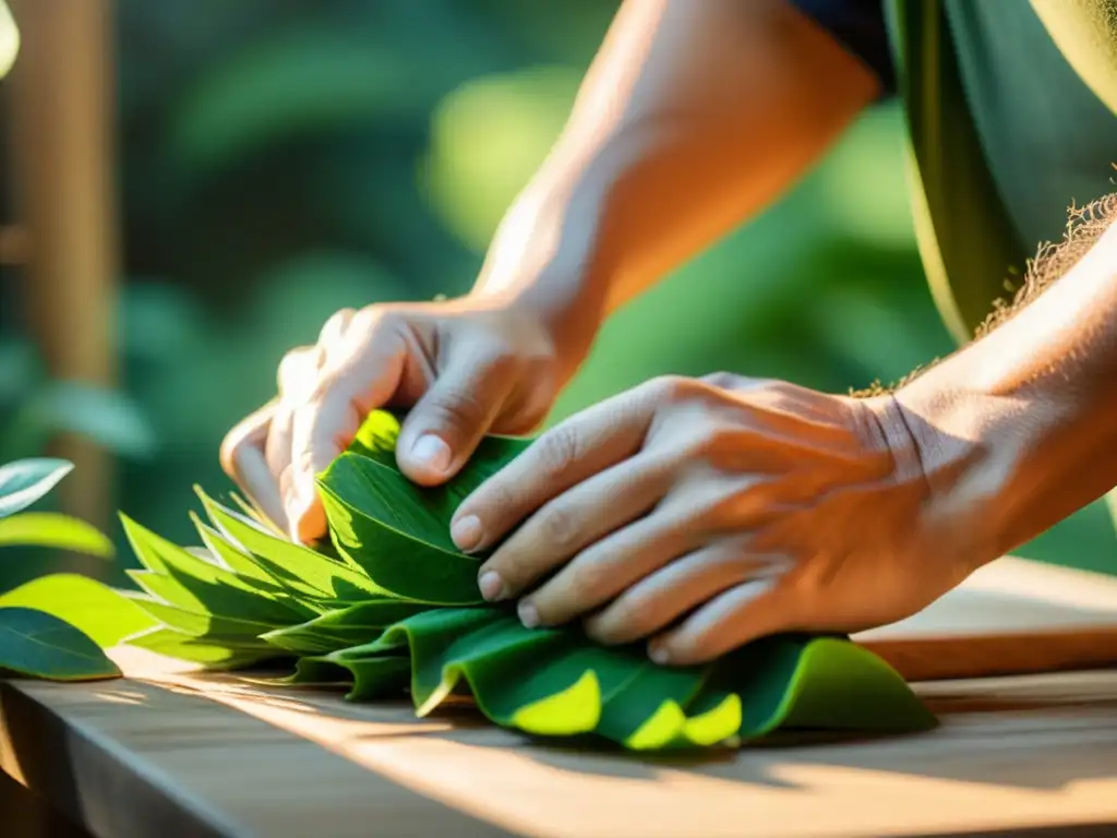 Un artesano crea con destreza un producto ecológico rodeado de vegetación