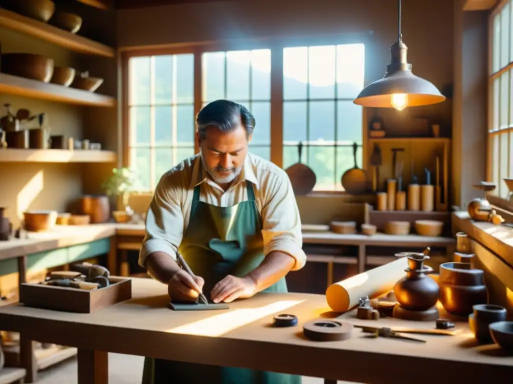 Un artesano crea con pasión y destreza en un taller vintage, transmitiendo calidez y autenticidad en su producción de bajo impacto