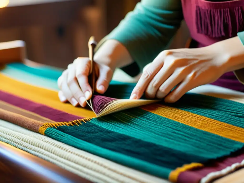 Un artesano teje con destreza una tela tradicional usando tintes naturales, mostrando su expertise