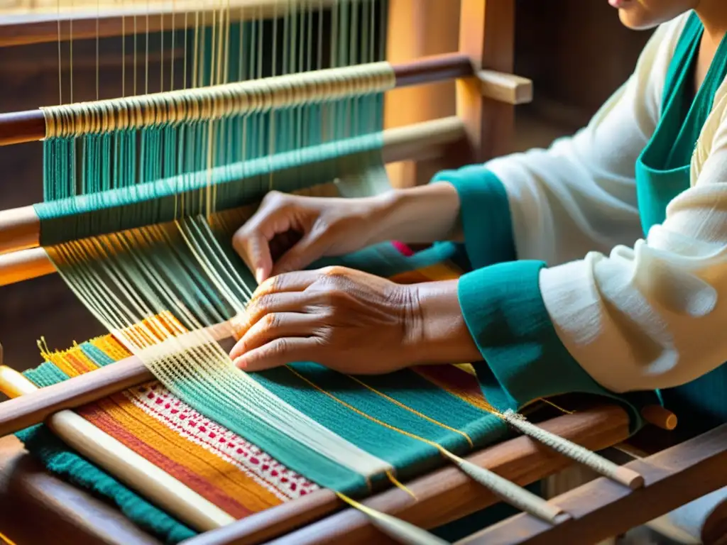 Un artesano teje con destreza en un telar de madera, fusionando la artesanía tradicional en la era digital