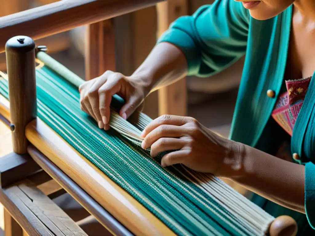 Un artesano teje con destreza en un telar de madera, resaltando la belleza de la artesanía tradicional en contraste con estrategias digitales