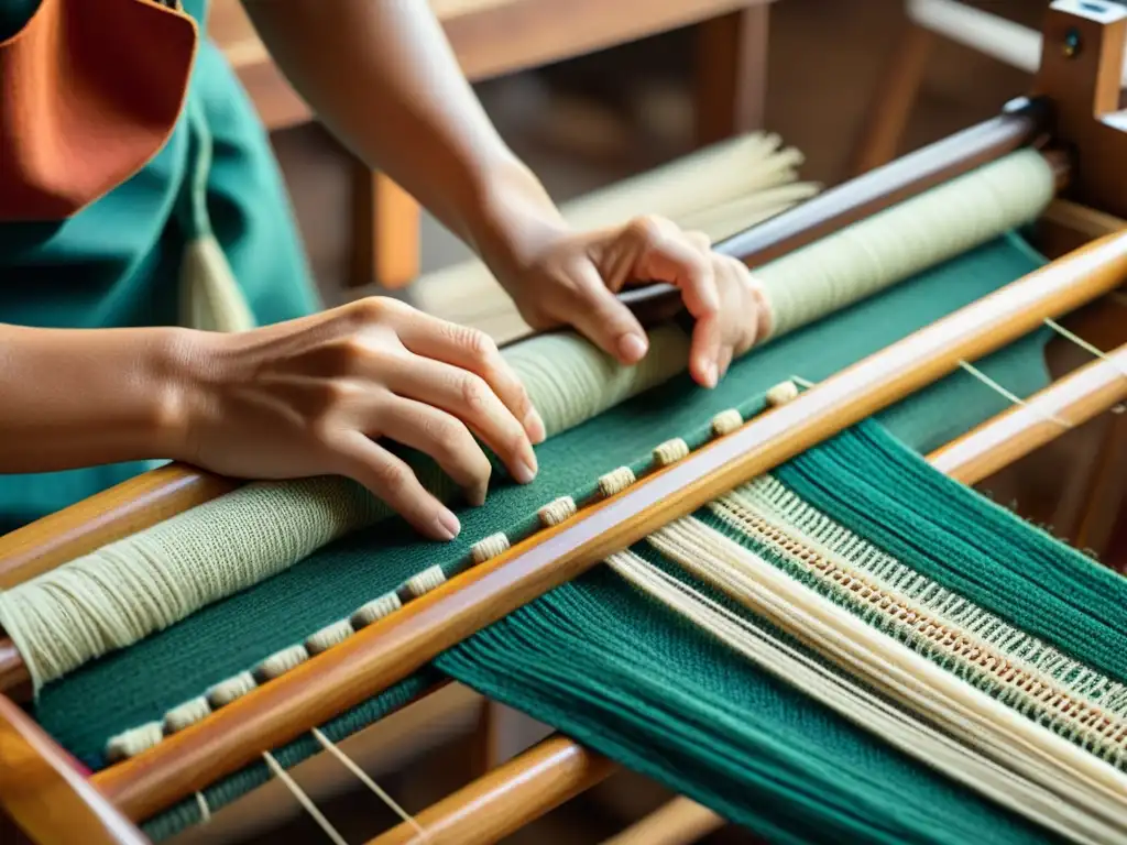 Un artesano teje con destreza en un telar de madera, fusionando la artesanía tradicional con plataformas digitales para artesanía global