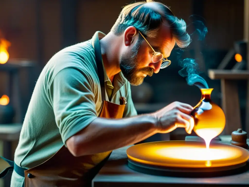 Un artesano moldea con destreza vidrio fundido en su taller, iluminado por el cálido resplandor del horno