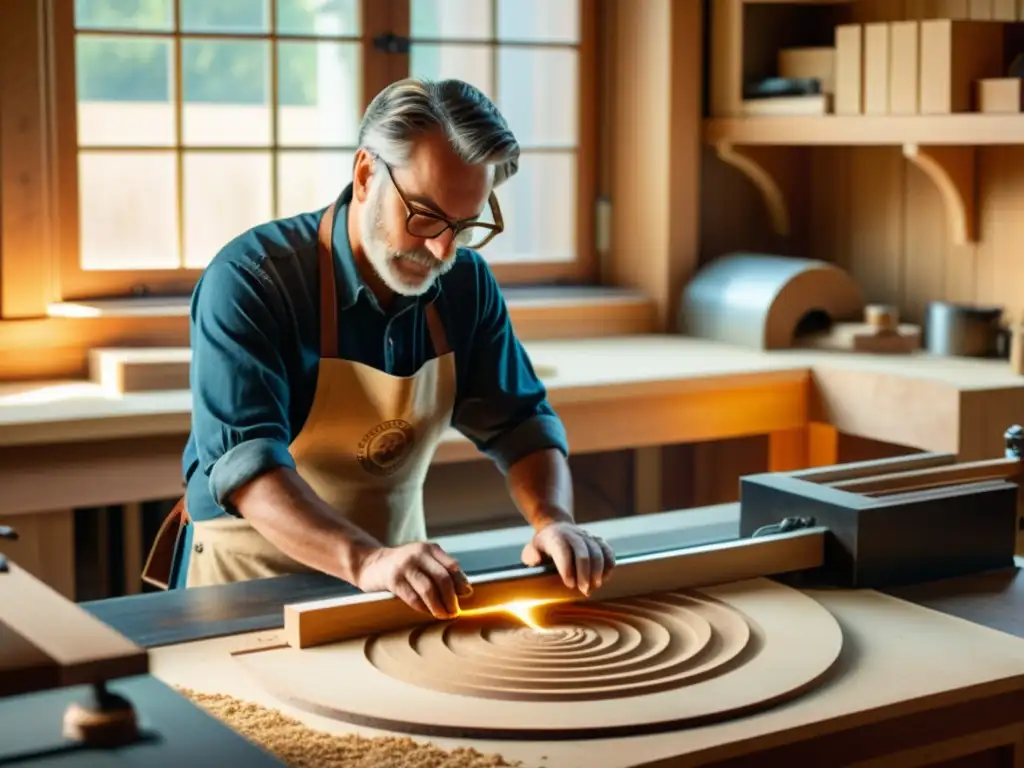 Un artesano hábil talla una detallada pieza de madera con un corte láser en un taller de carpintería tradicional