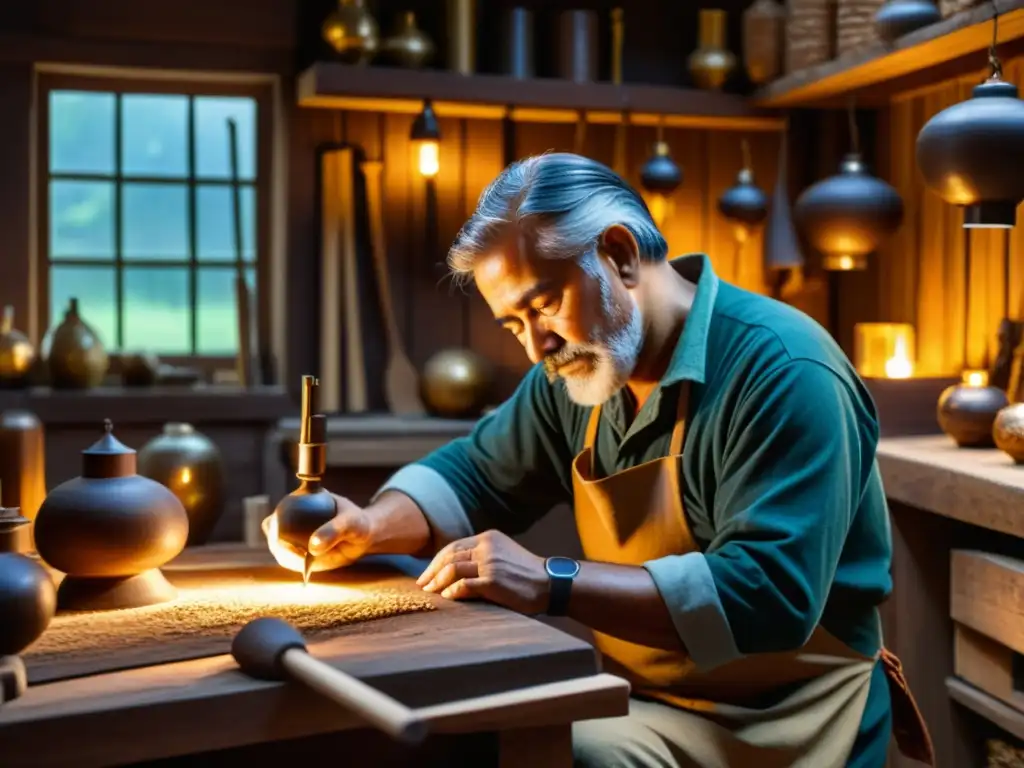 Un artesano trabaja detalladas tallas de madera en un taller vintage iluminado por lámparas antiguas, evocando la integración de IA en artesanía