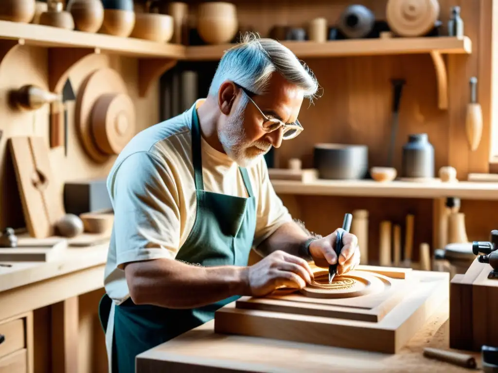 Artesano tallando detallado relieve de madera con herramientas digitales en cálida luz de taller vintage