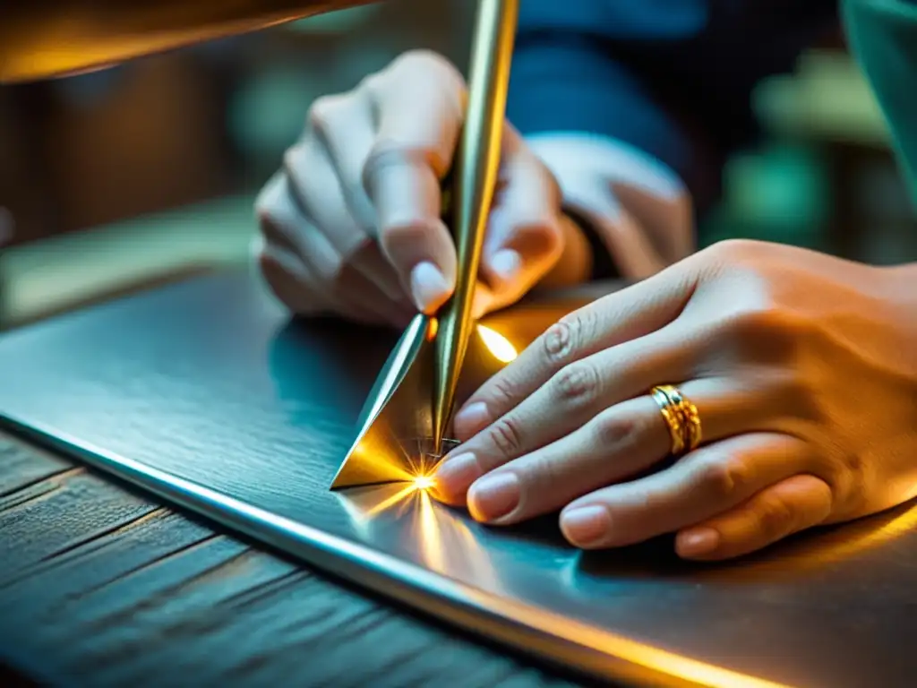 Un artesano crea joyería con detalle meticuloso en un taller iluminado, destacando la realidad aumentada en joyería artesanal